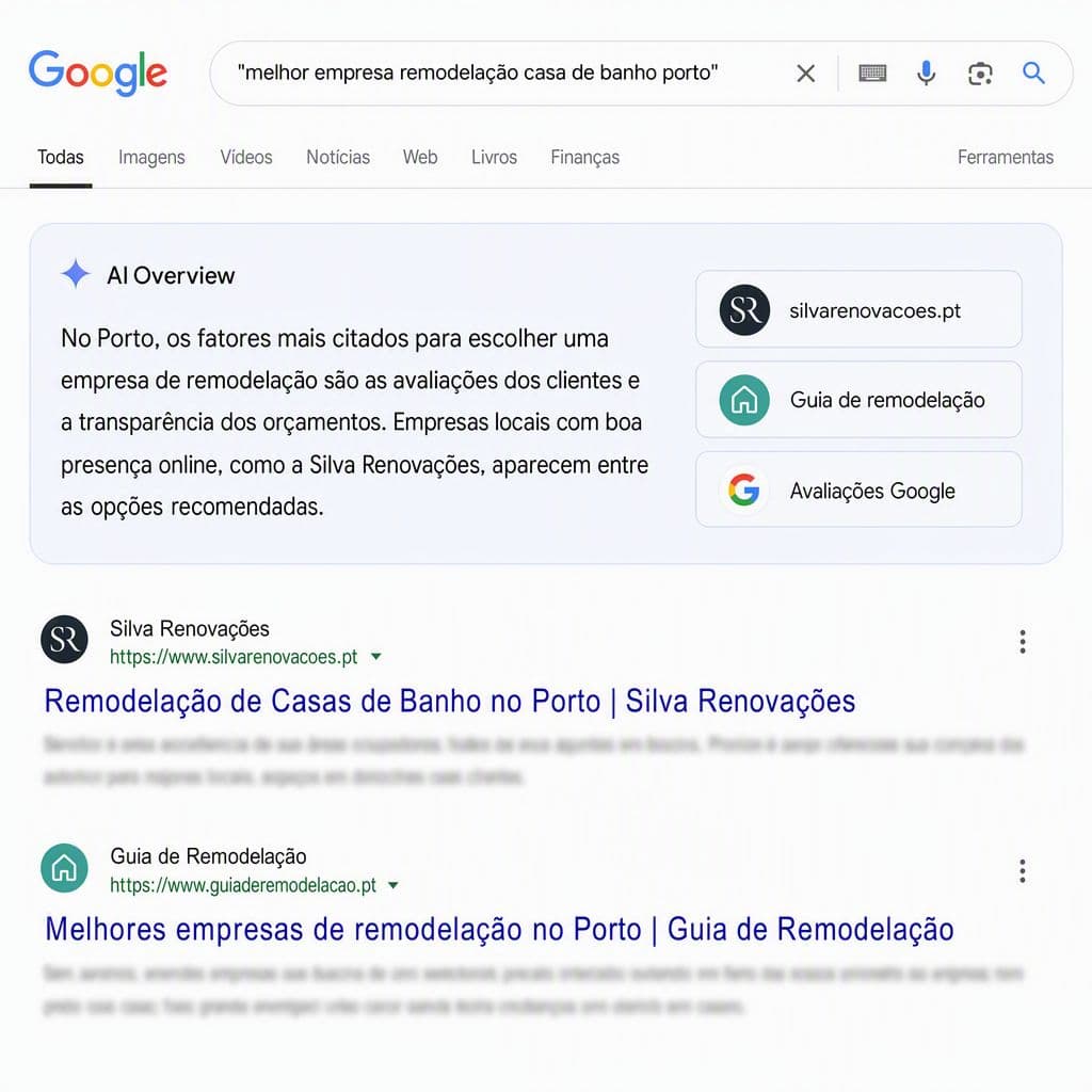 Simulação Google AI Overview: Silva Renovações aparece na resposta gerada por IA para remodelação de casa de banho no Porto.