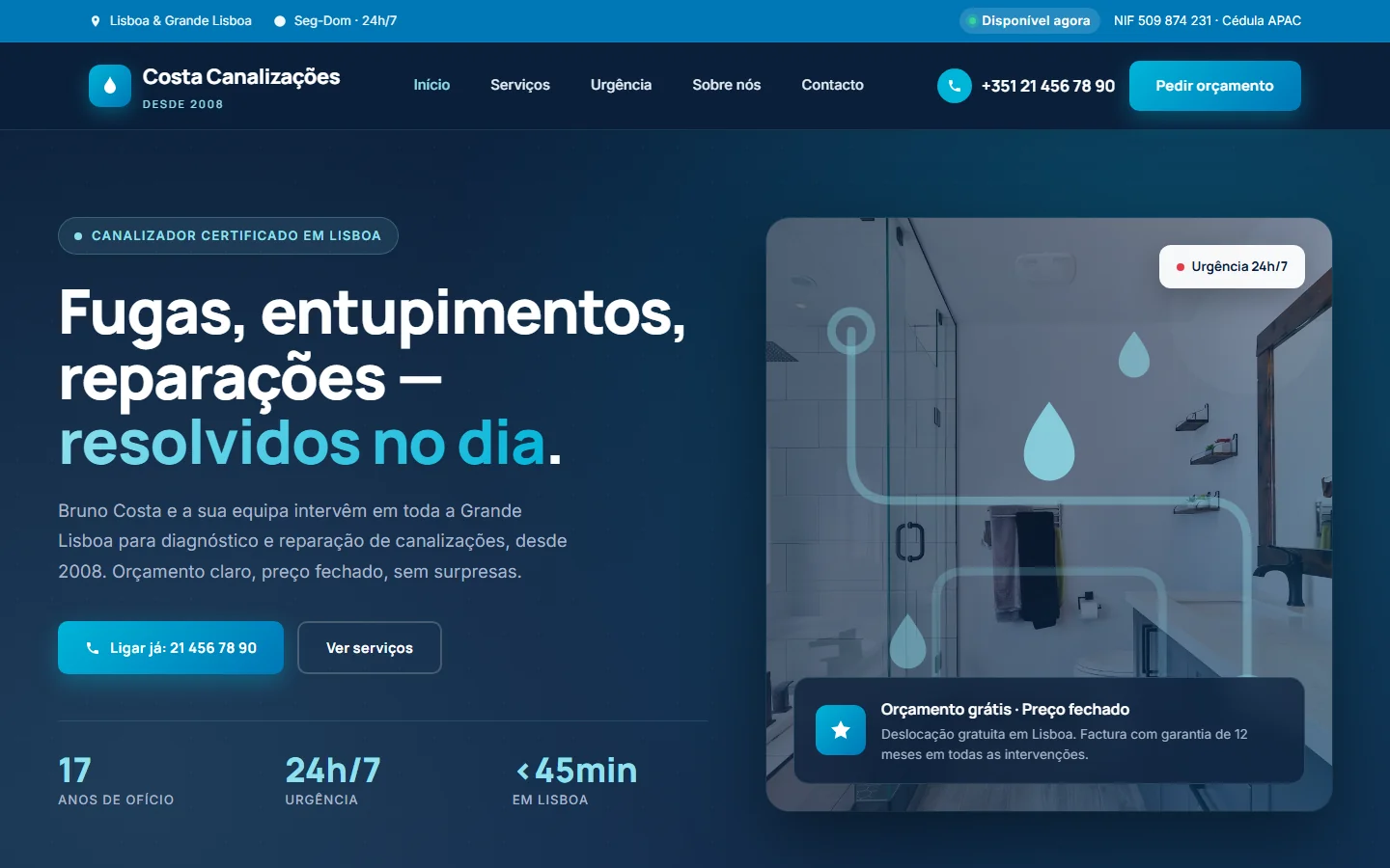 Exemplo de site criado para canalizador pela Alizée Web — página de serviços e contacto