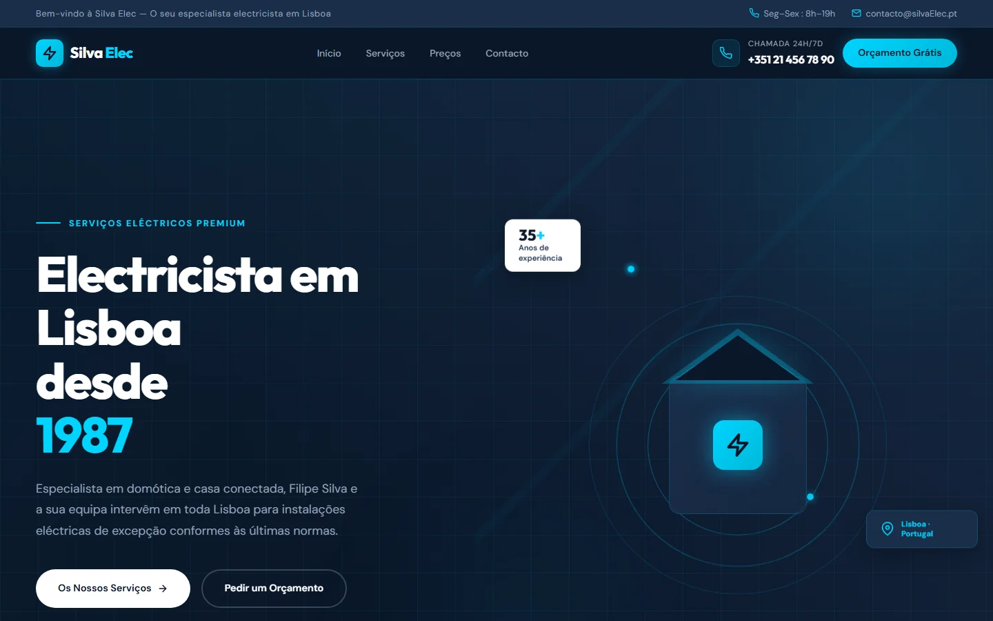 Exemplo de site criado para eletricista pela Alizée Web — certificações e zonas de intervenção