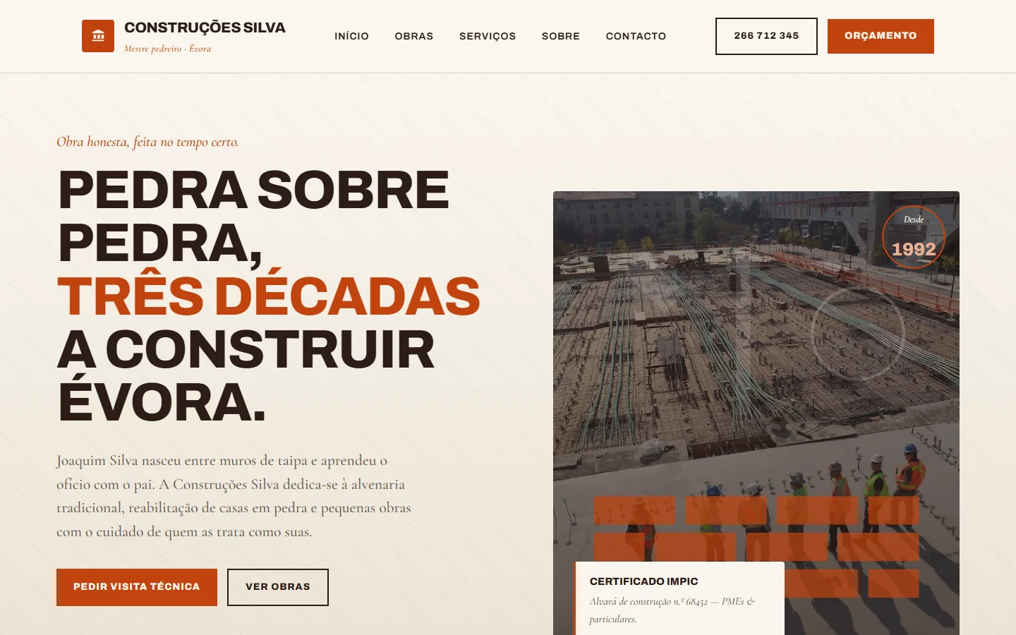 Exemplo de site para pedreiro com portfólio de construção — criado pela Alizée Web