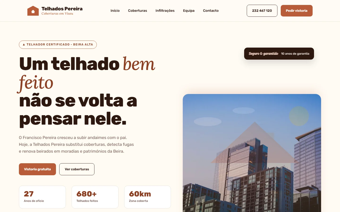 Exemplo de site para telhador com página de urgências — criado pela Alizée Web